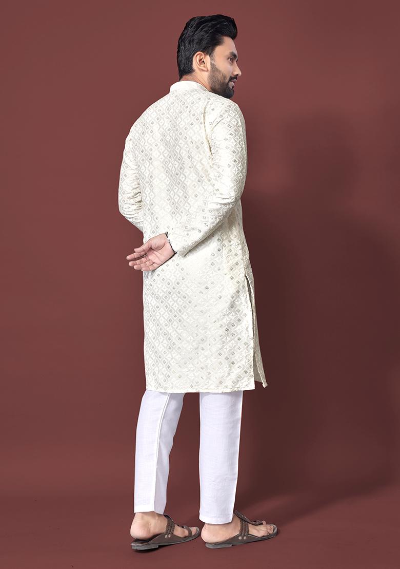 Off White Embroidered Soft Silk Kurta Set For Men