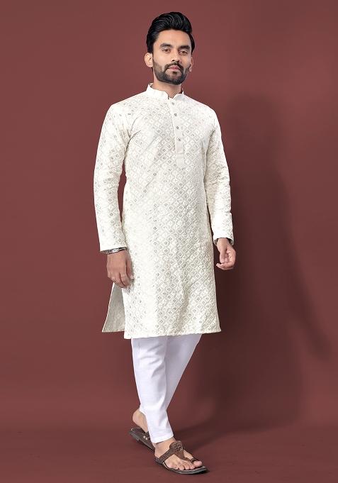 Off White Embroidered Soft Silk Kurta Set For Men