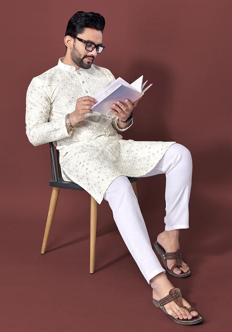 Off White Embroidered Soft Silk Kurta Set For Men