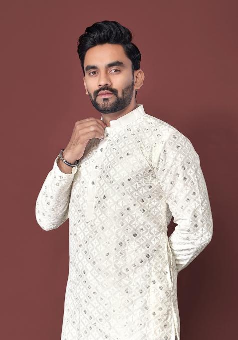 Off White Embroidered Soft Silk Kurta Set For Men