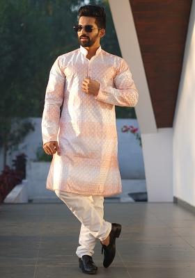 Lavender Embroidered Soft Silk Kurta Set For Men