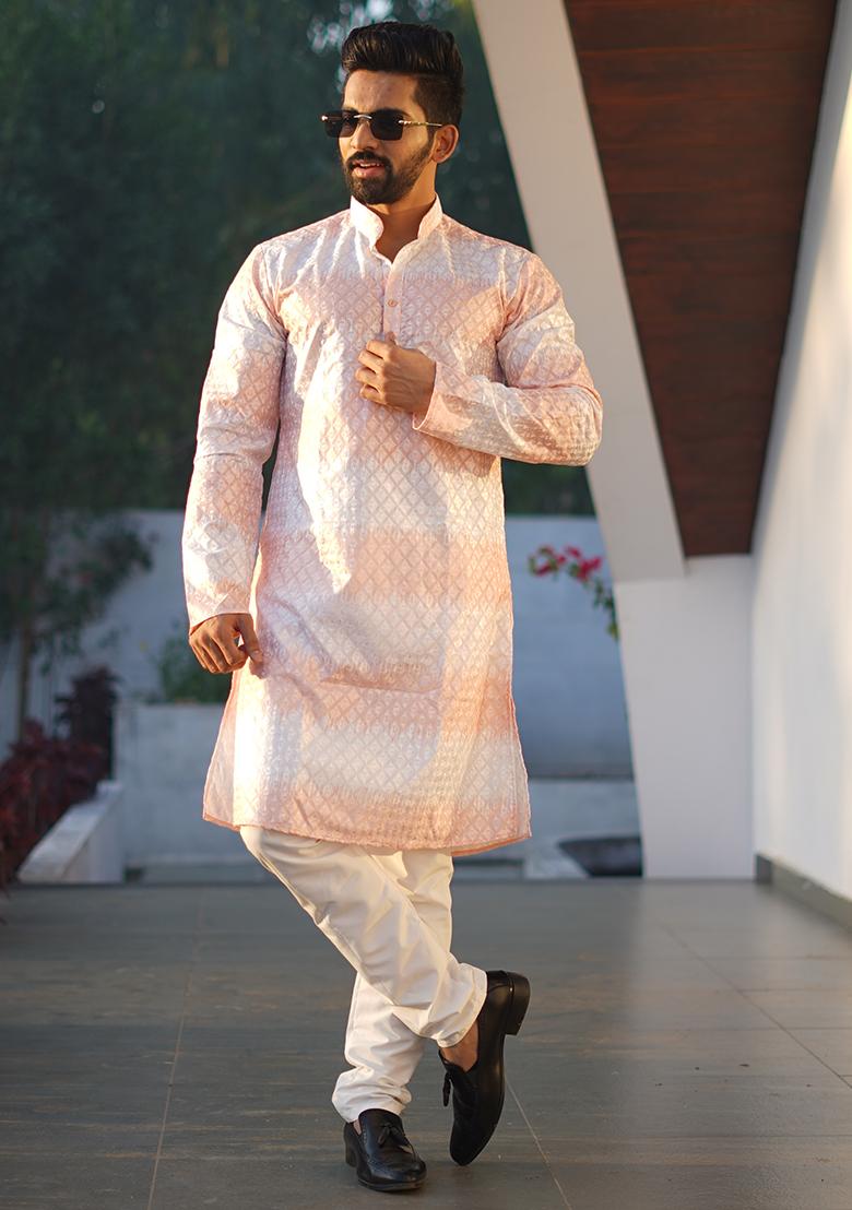 Lavender Embroidered Soft Silk Kurta Set For Men