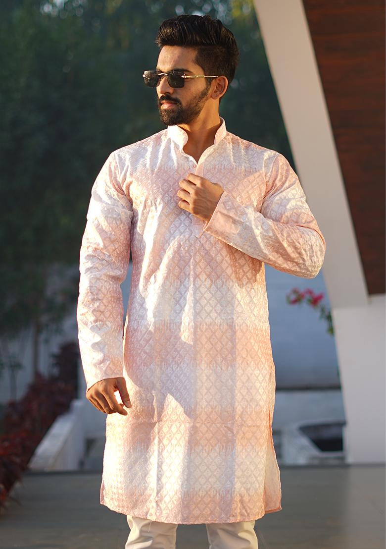 Lavender Embroidered Soft Silk Kurta Set For Men