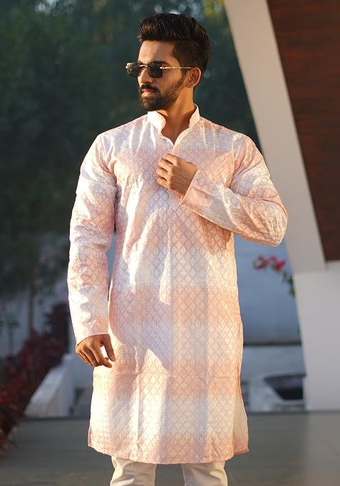 Lavender Embroidered Soft Silk Kurta Set For Men