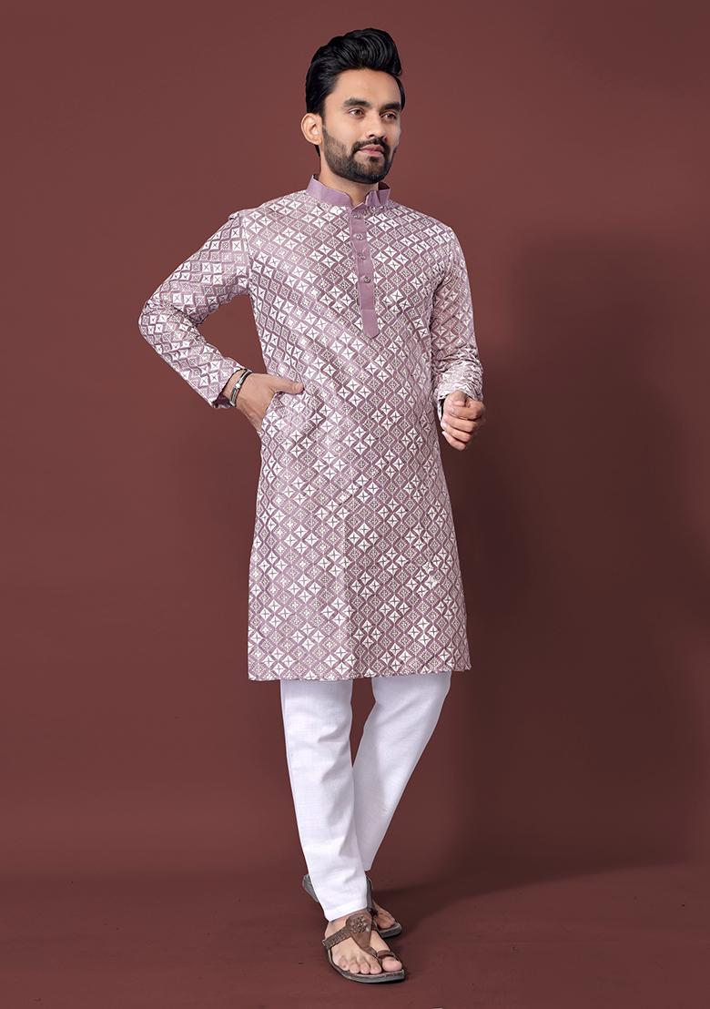 Orange Embroidered Cotton Kurta Set For Men