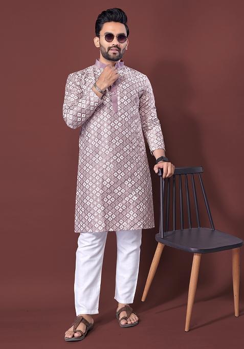 Orange Embroidered Cotton Kurta Set For Men