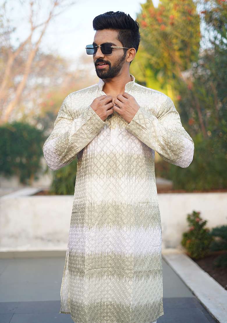 Pista Green Embroidered Cotton Kurta Set For Men - Indya