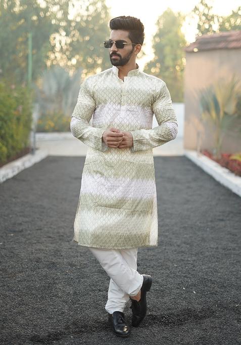 Pista Green Embroidered Cotton Kurta Set For Men