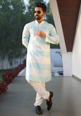 Sky Blue Embroidered Cotton Kurta Set For Men