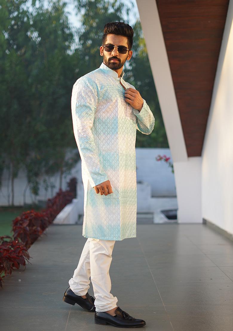 Sky Blue Embroidered Cotton Kurta Set For Men