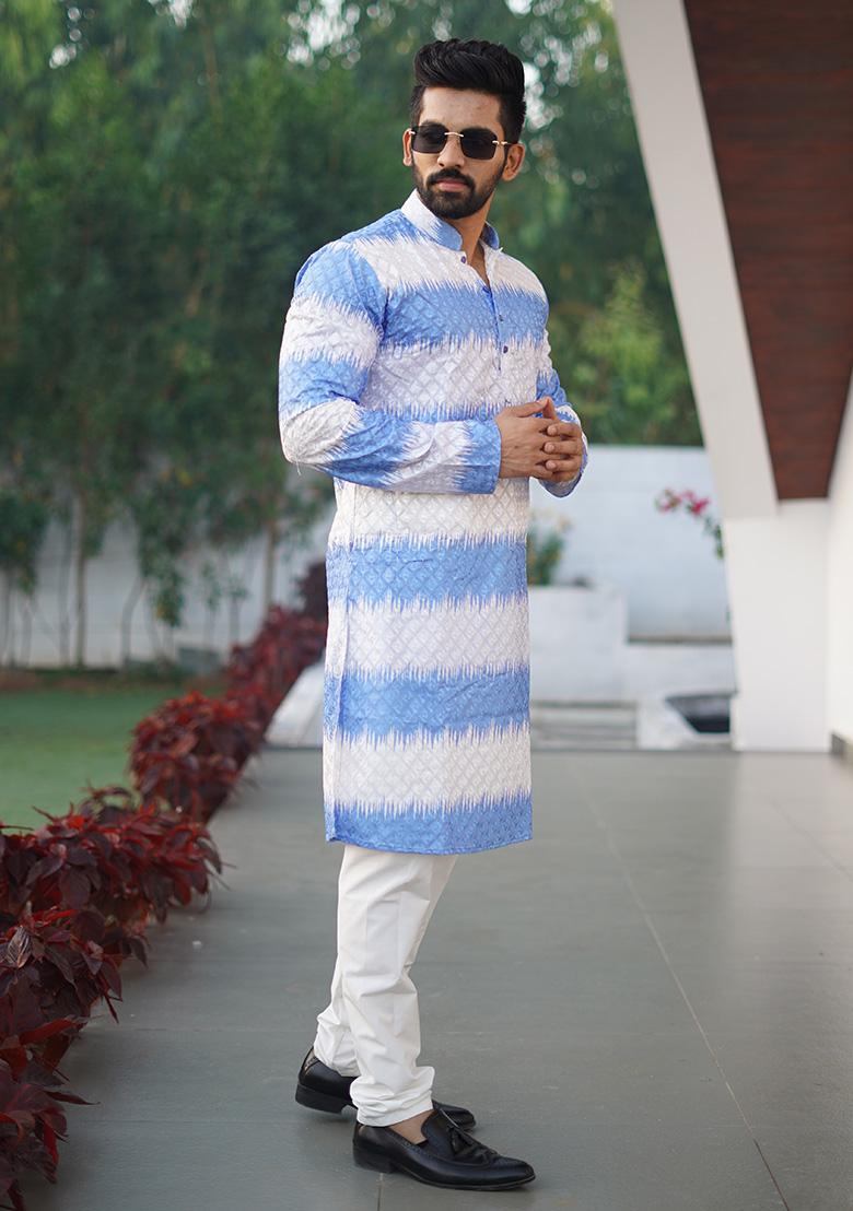Navy Blue Embroidered Cotton Kurta Set For Men