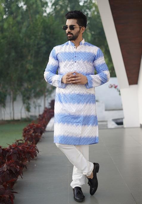 Navy Blue Embroidered Cotton Kurta Set For Men
