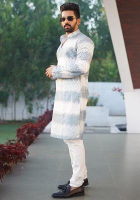 Grey Embroidered Cotton Kurta Set For Men