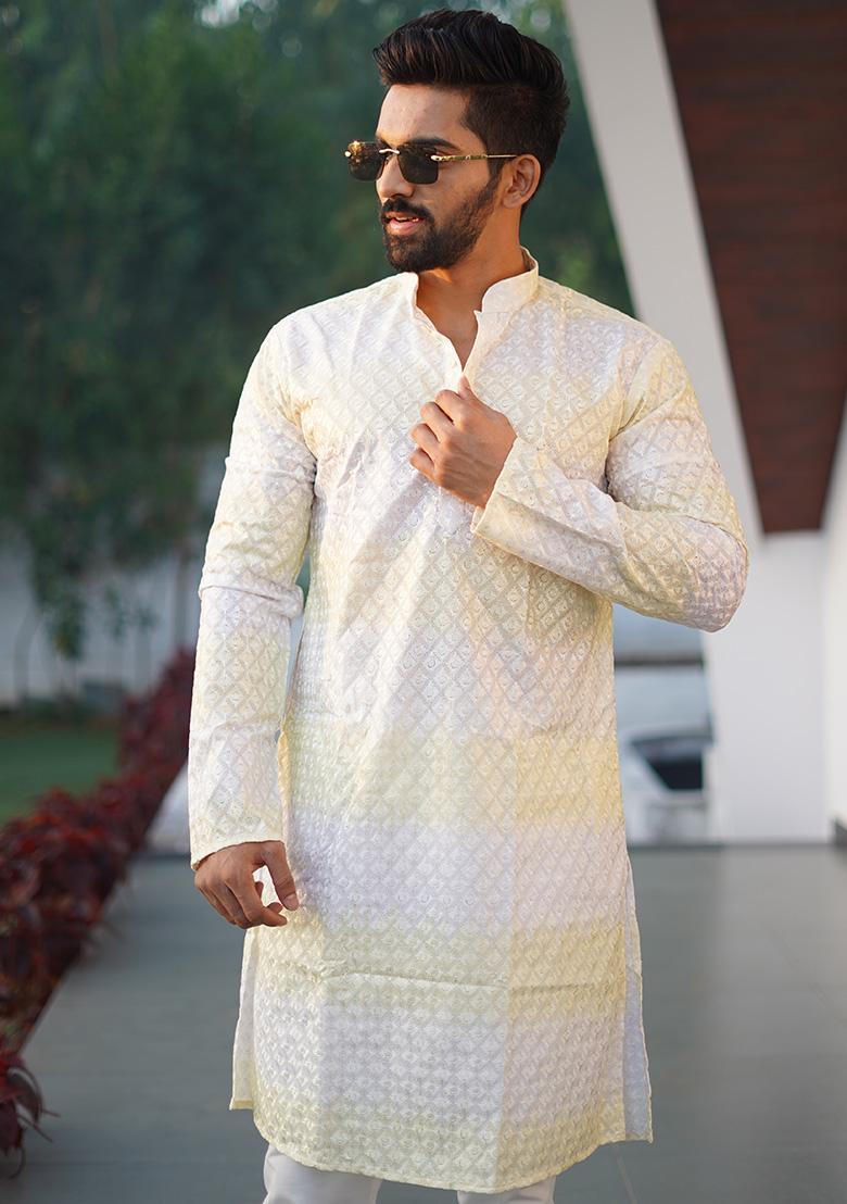 Yellow Embroidered Cotton Kurta Set For Men