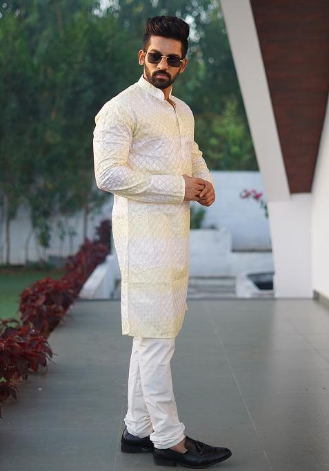 Yellow Embroidered Cotton Kurta Set For Men