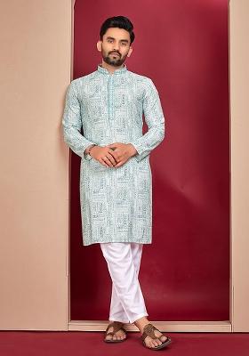 Sky Blue Digital Print Rayon Kurta Set For Men