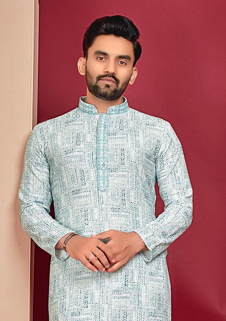 Sky Blue Digital Print Rayon Kurta Set For Men