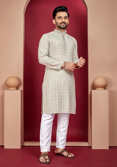 Light Yellow Digital Print Rayon Kurta Set For Men