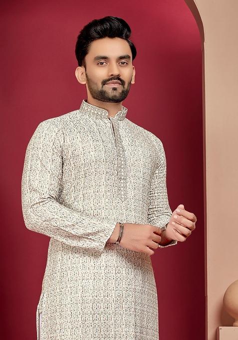 Light Yellow Digital Print Rayon Kurta Set For Men
