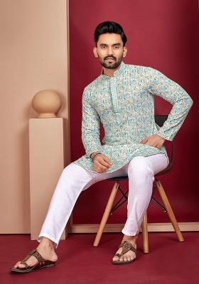 Blue Digital Print Rayon Kurta Set For Men