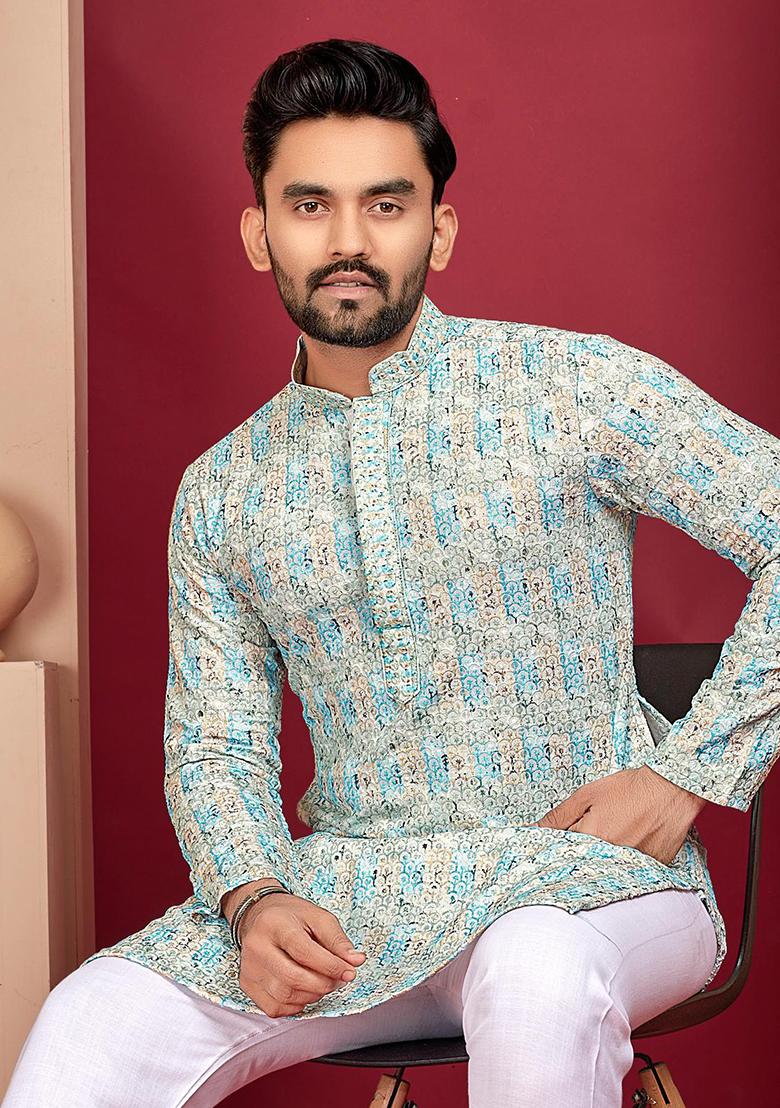 Blue Digital Print Rayon Kurta Set For Men