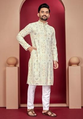 Lemon Yellow Digital Print Rayon Kurta Set For Men