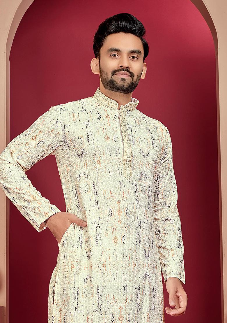 Lemon Yellow Digital Print Rayon Kurta Set For Men