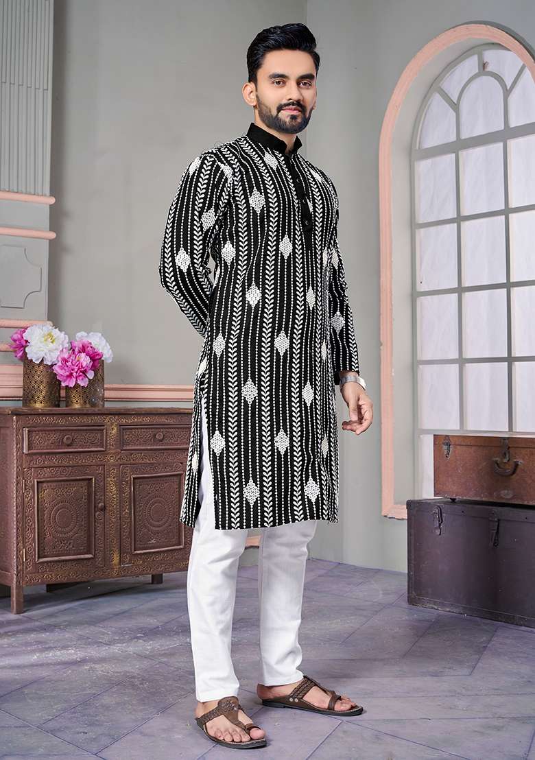 Black Embroidered Royal Linen Kurta Set For Men - Indya