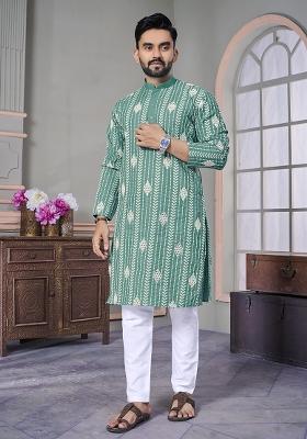 Teal Green Embroidered Royal Linen Kurta Set For Men