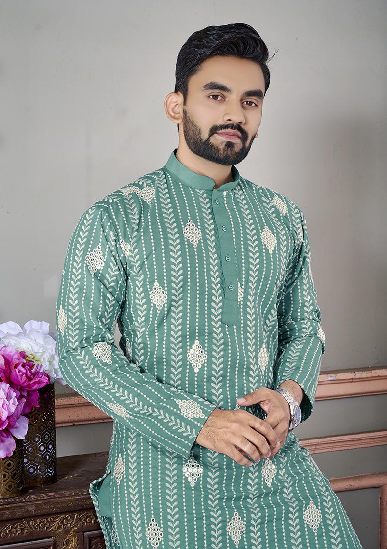 Teal Green Embroidered Royal Linen Kurta Set For Men
