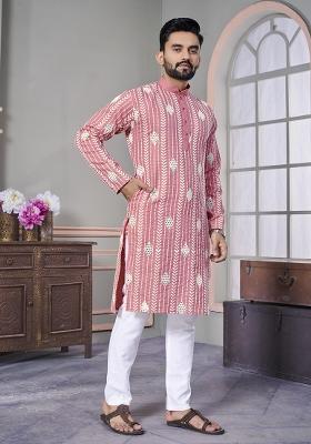 Pink Embroidered Royal Linen Kurta Set For Men