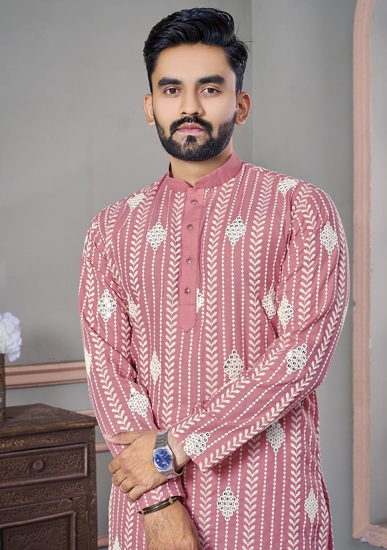 Pink Embroidered Royal Linen Kurta Set For Men