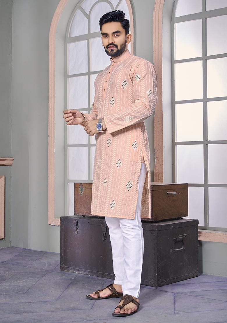 Peach Embroidered Royal Linen Kurta Set For Men