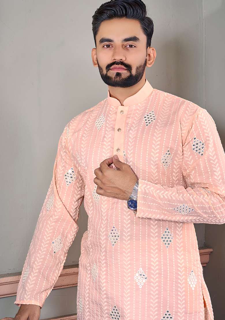 Peach Embroidered Royal Linen Kurta Set For Men - Indya