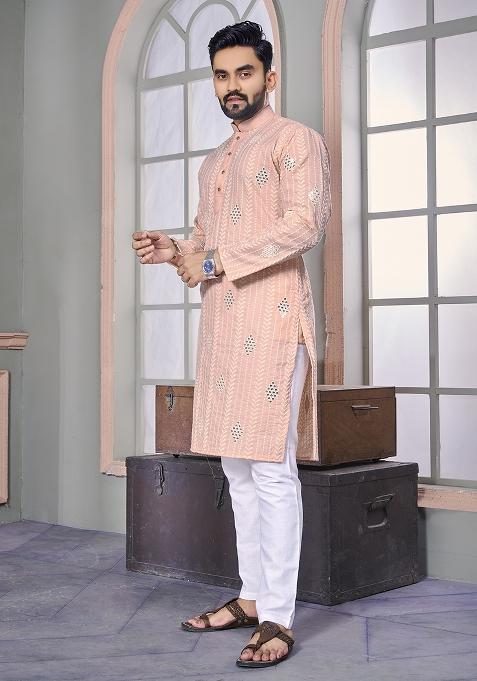Peach Embroidered Royal Linen Kurta Set For Men