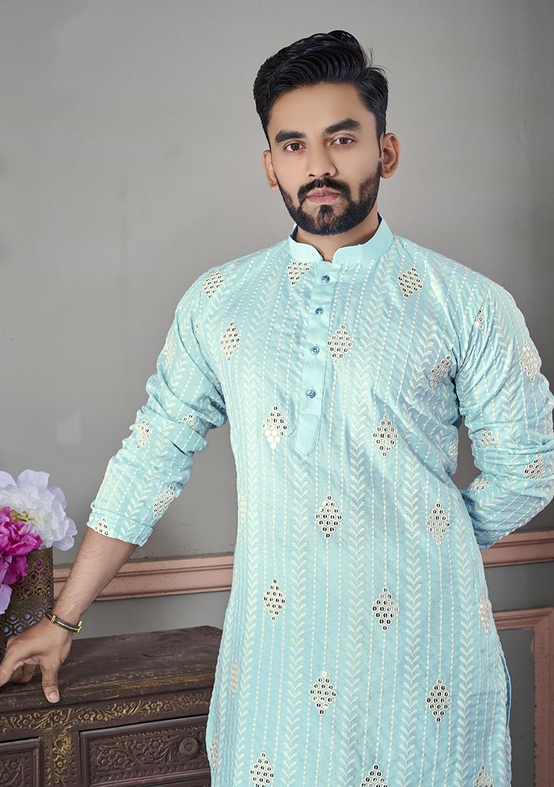 Sky Blue Embroidered Royal Linen Kurta Set For Men