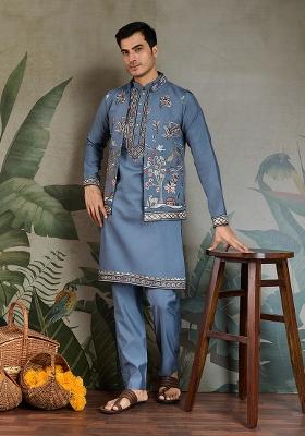 Blue And Grey Embroidered Viscose Silk Nehru Jacket Set For Men