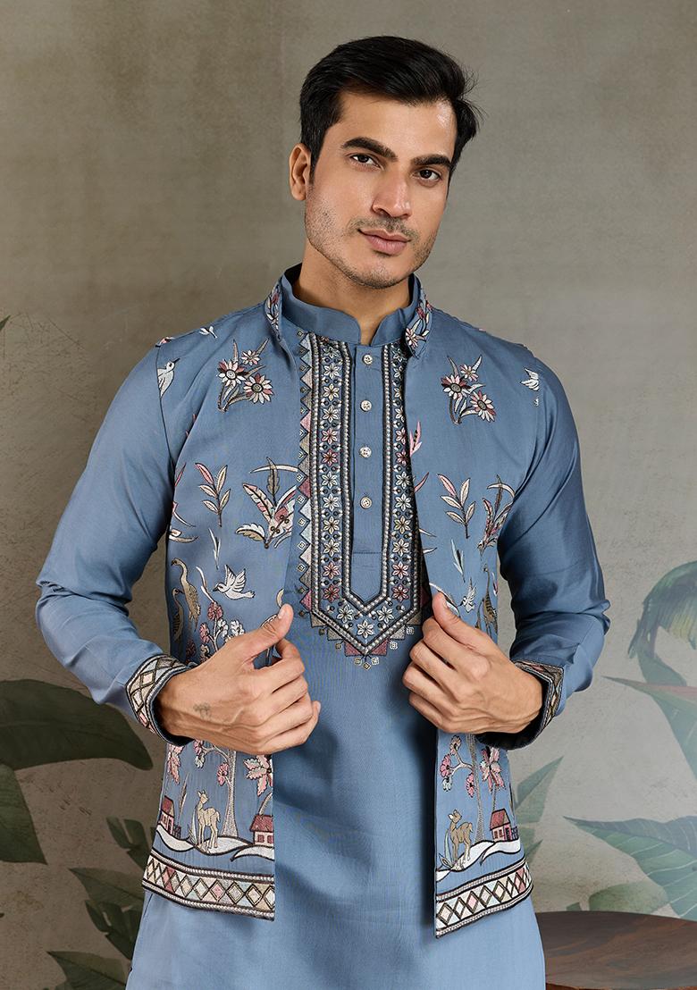 Blue And Grey Embroidered Viscose Silk Nehru Jacket Set For Men