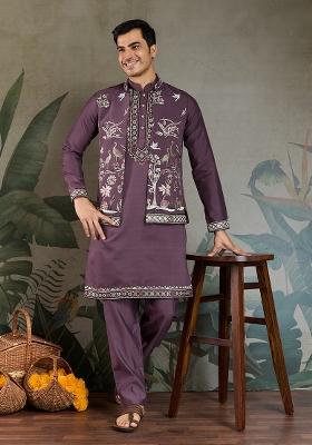 Rust Purple Embroidered Viscose Silk Nehru Jacket Set For Men