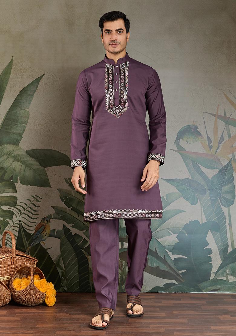 Rust Purple Embroidered Viscose Silk Nehru Jacket Set For Men