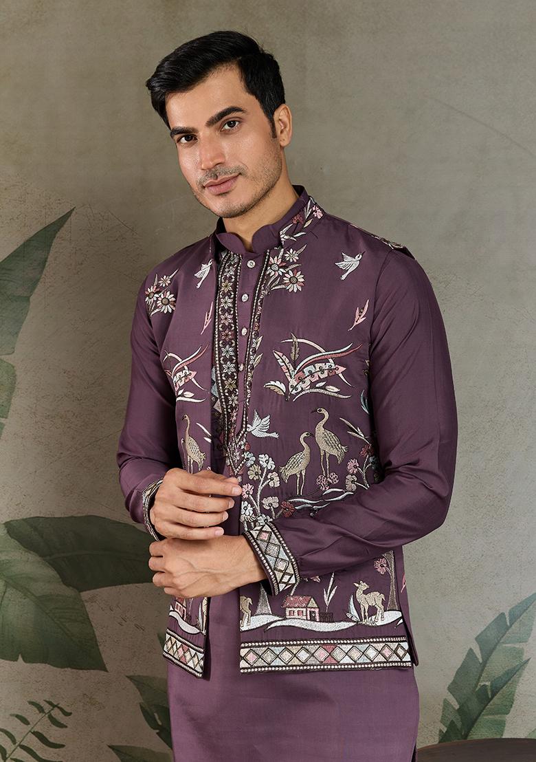 Rust Purple Embroidered Viscose Silk Nehru Jacket Set For Men