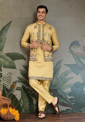 Yellow Embroidered Viscose Silk Nehru Jacket Set For Men