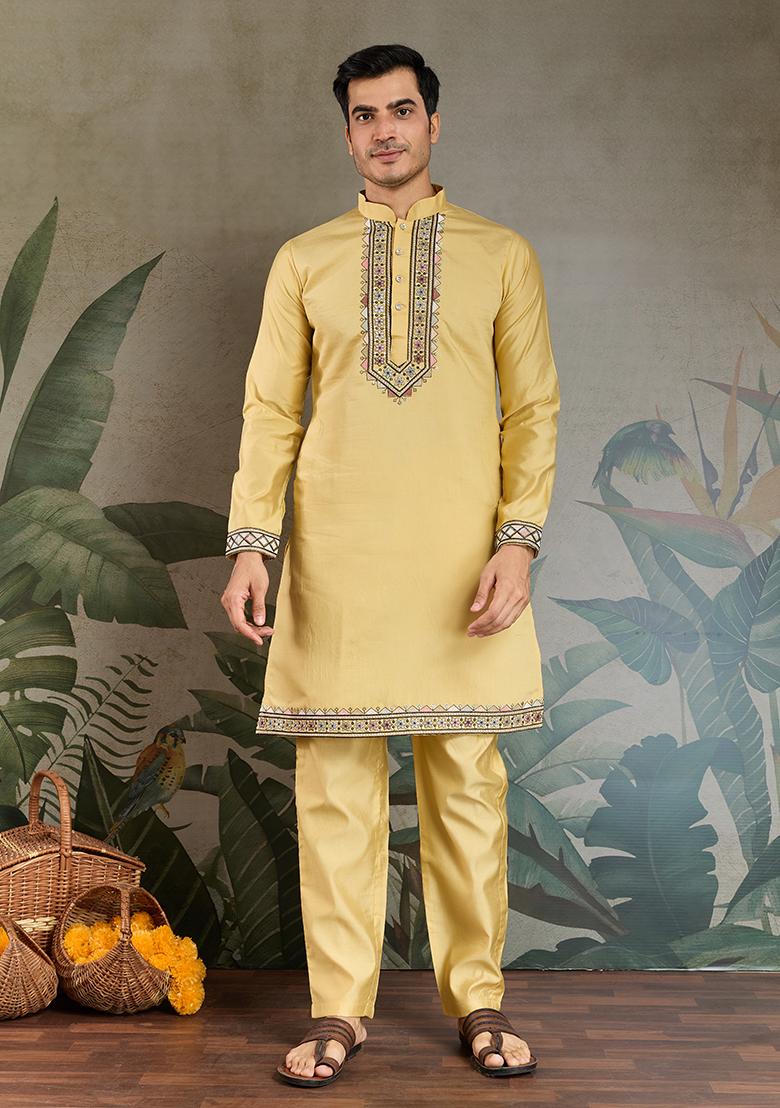 Yellow Embroidered Viscose Silk Nehru Jacket Set For Men
