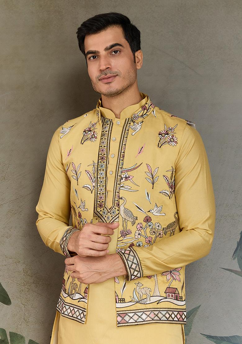 Yellow Embroidered Viscose Silk Nehru Jacket Set For Men