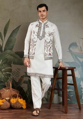 White Embroidered Viscose Silk Nehru Jacket Set For Men