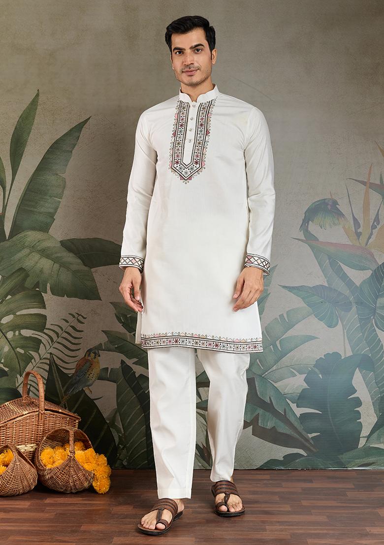White Embroidered Viscose Silk Nehru Jacket Set For Men