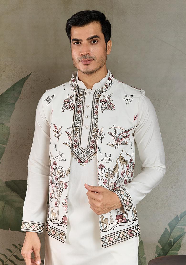 White Embroidered Viscose Silk Nehru Jacket Set For Men
