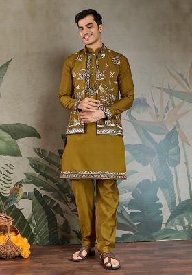 Olive Green Embroidered Viscose Silk Nehru Jacket Set For Men