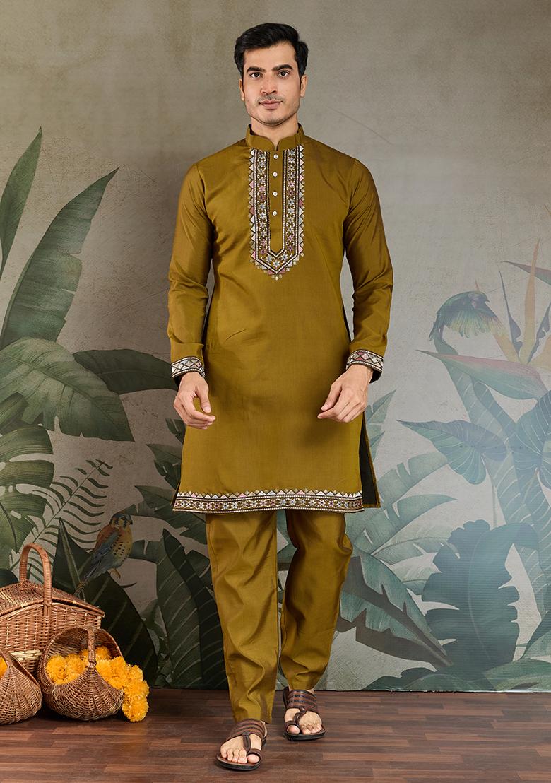 Olive Green Embroidered Viscose Silk Nehru Jacket Set For Men