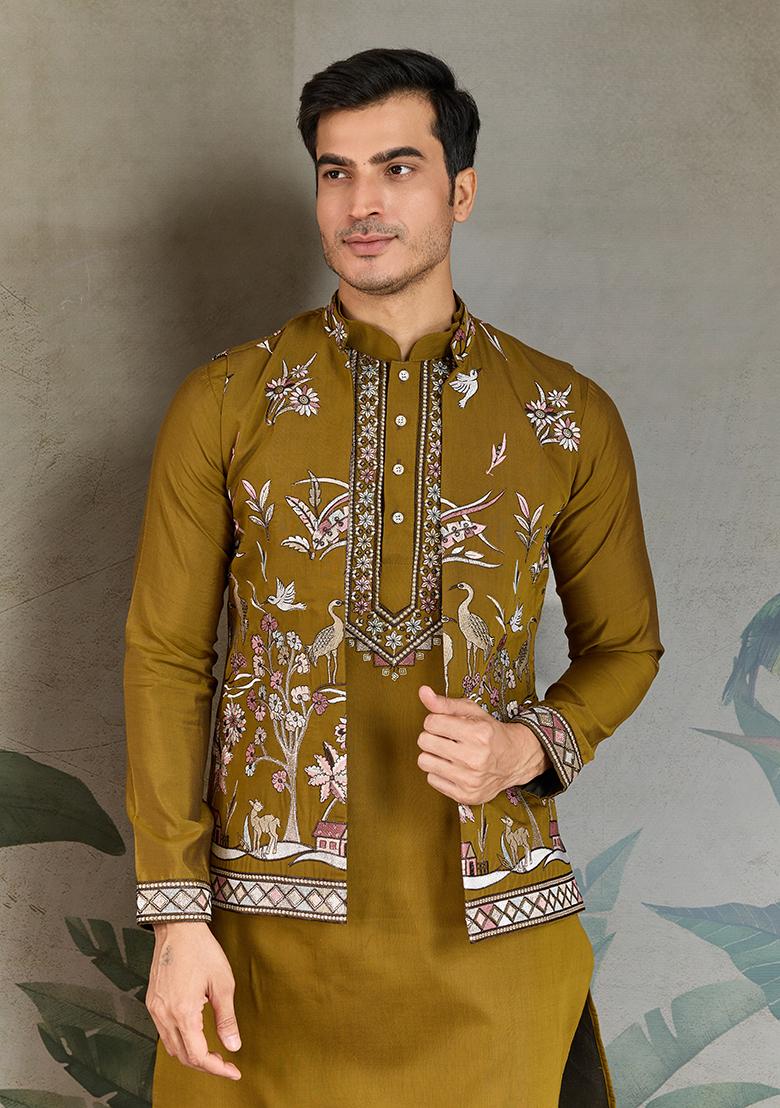 Olive Green Embroidered Viscose Silk Nehru Jacket Set For Men